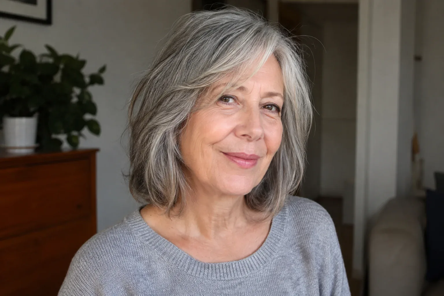18 Ideen, wie du Frisuren für mittellanges Haar ab 60 Jahre mit Stufen, Bob, Shag und seitlichem Pony trägst