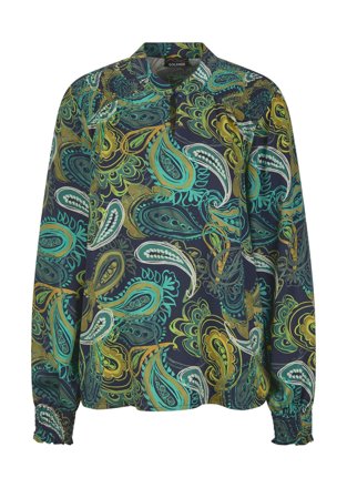 Goldner Viskose-Satin-Bluse mit Paisley-Muster, petrol