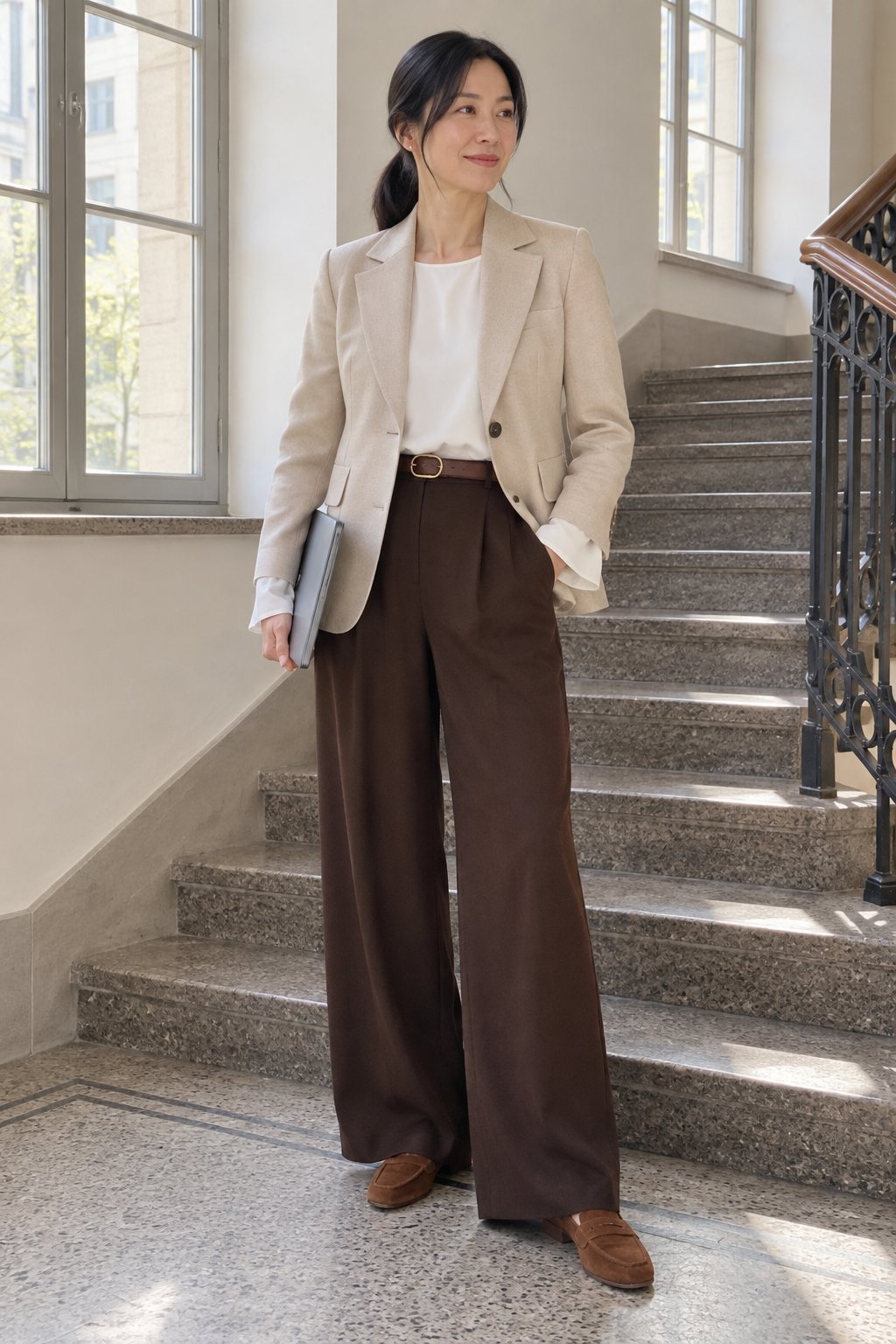 Frau trägt Beiger Blazer zur dunkelbraunen Weitbeinhose – Montagmorgen, erstes Meeting um neun