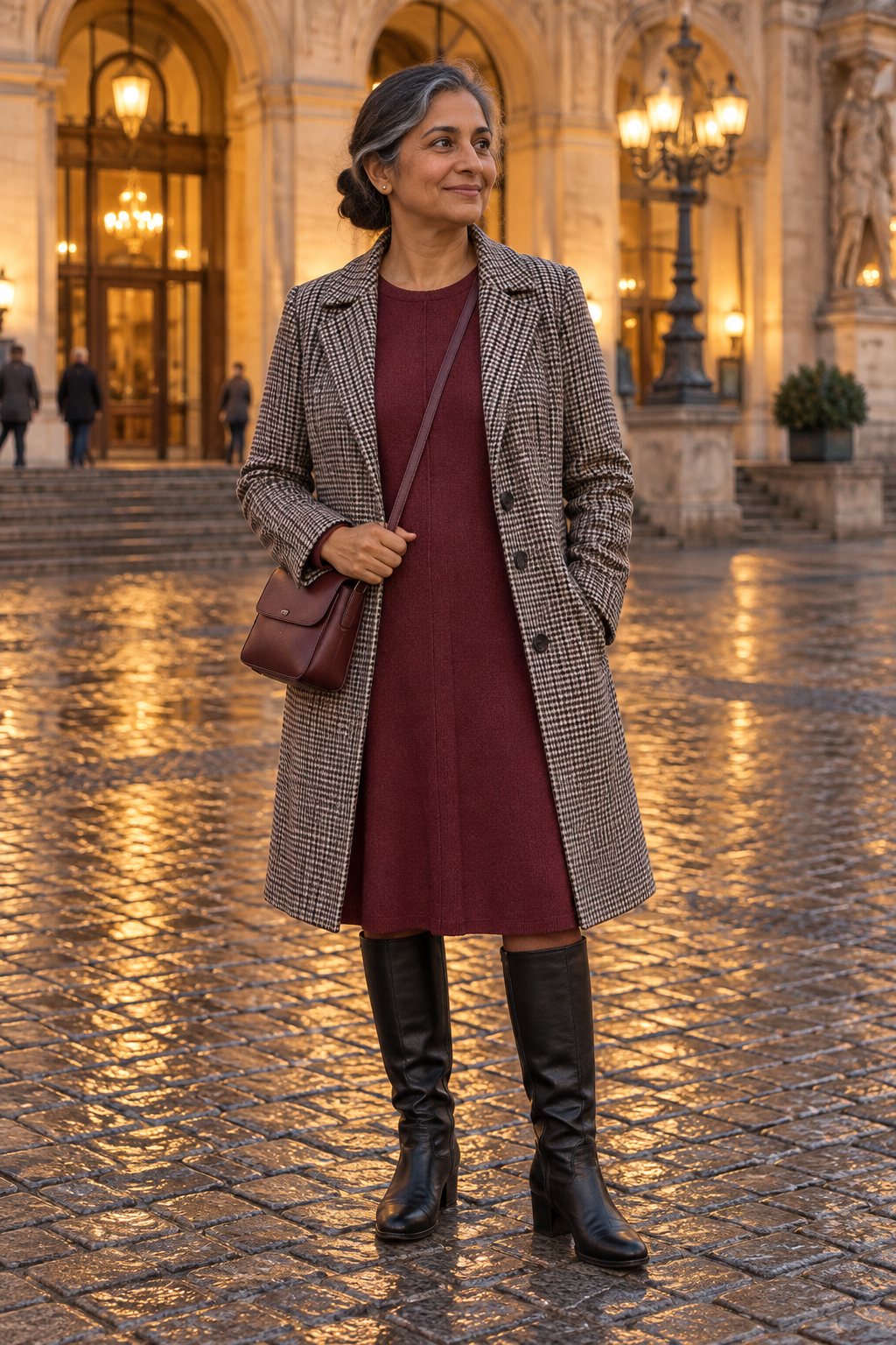 Frau trägt Burgunderrotes Strickkleid mit Hahnentritt-Mantel – Theaterabend mit der besten Freundin