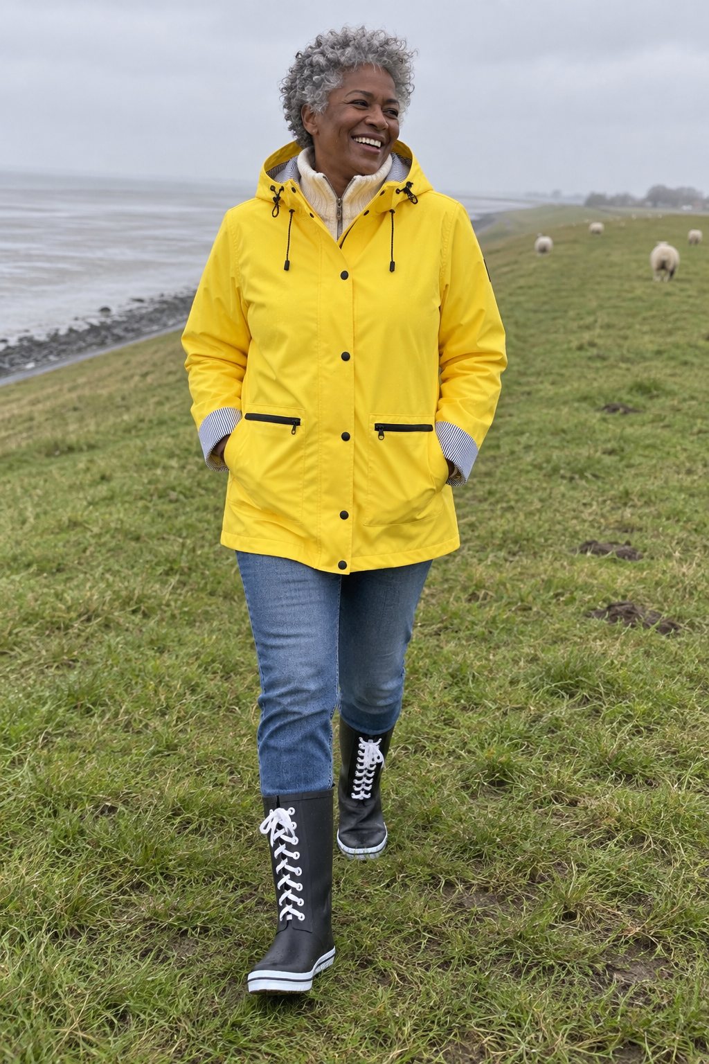 Frau trägt Gelbe Regenjacke mit Gummistiefeln – Nieselregen auf dem Deich