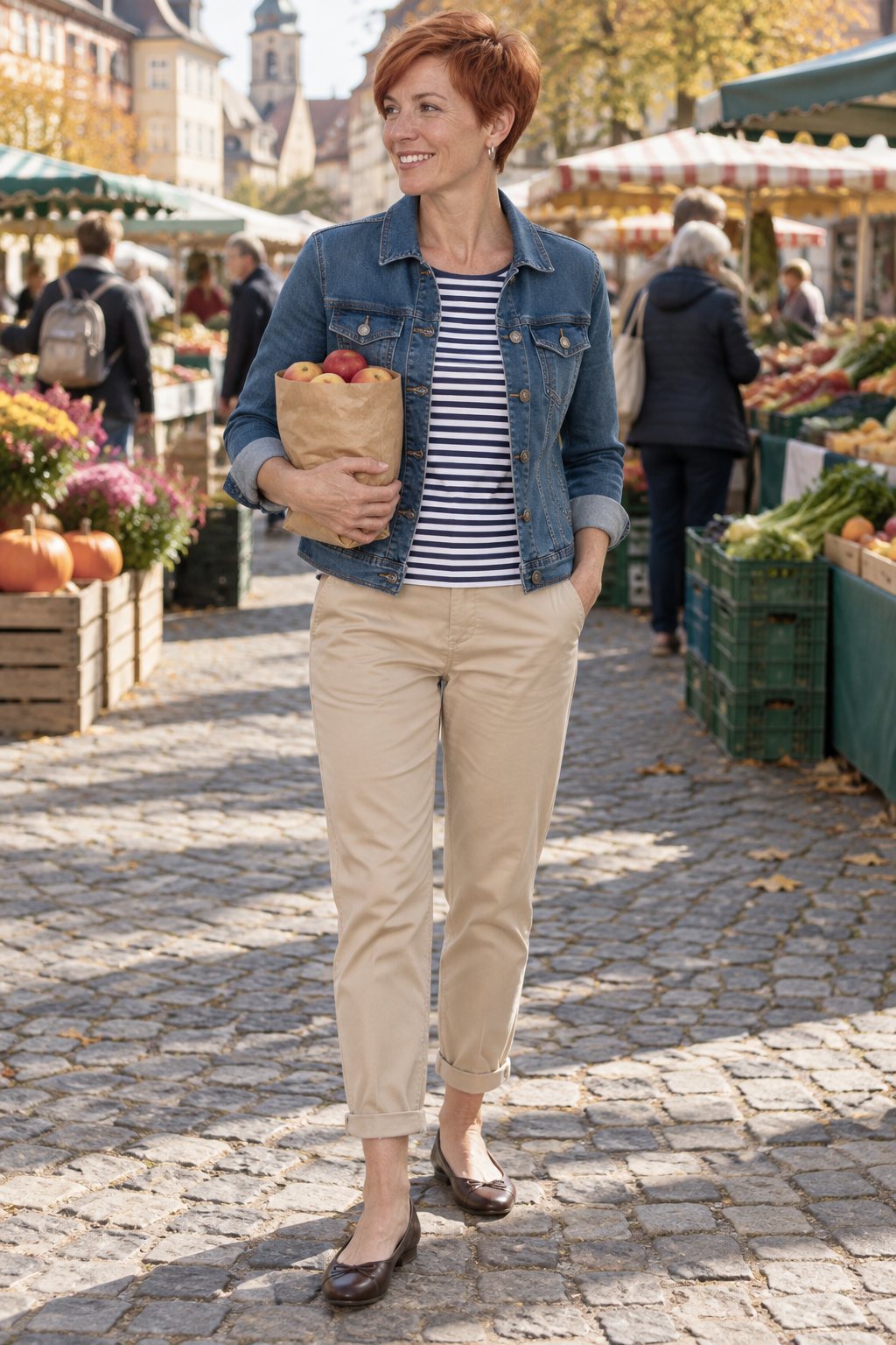 Frau trägt Jeansjacke, Ringelshirt und helle Chino – Samstags auf dem Wochenmarkt