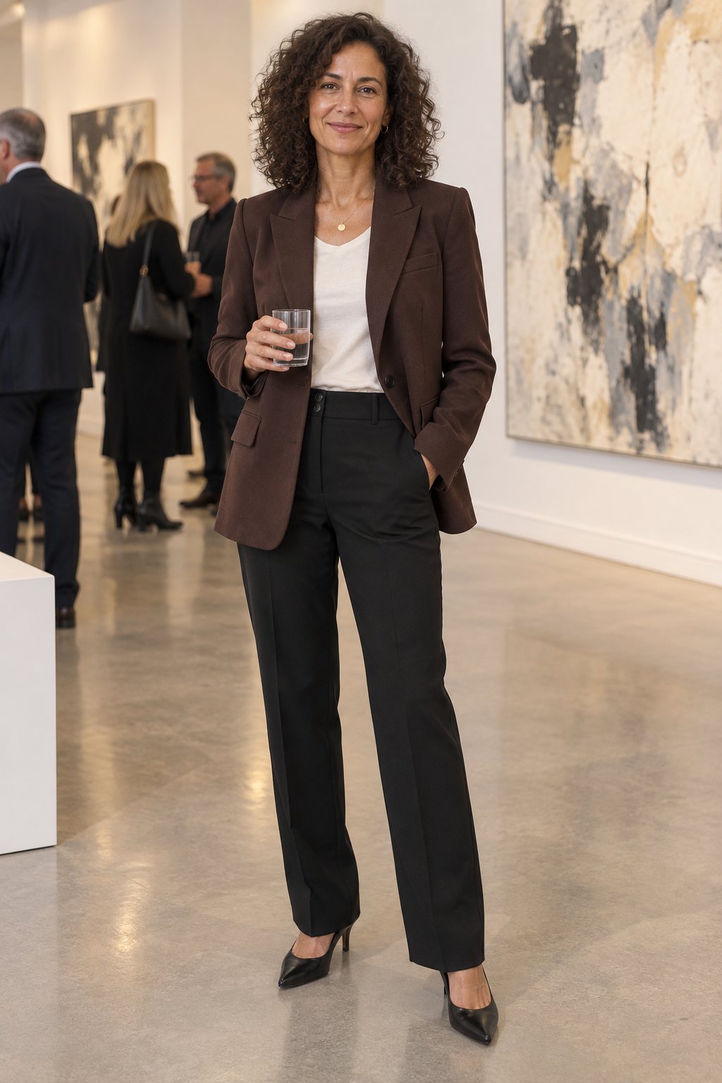 Frau trägt Mokka-Blazer mit schwarzer Hose und heller Bluse – Vernissage in der Galerie