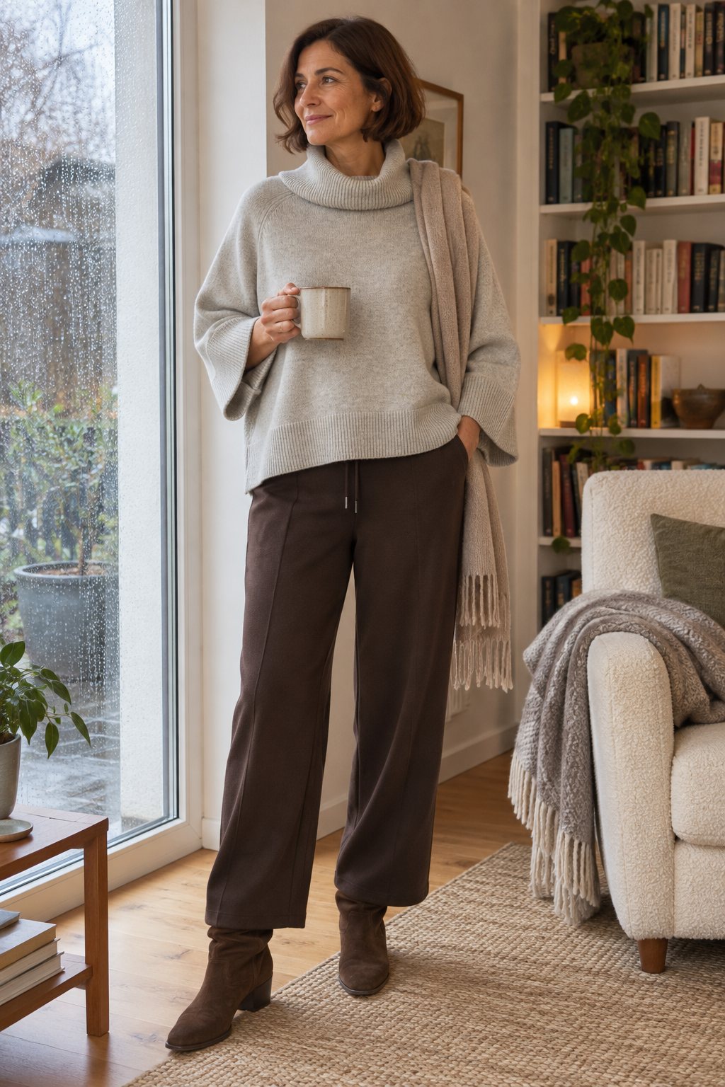 Frau trägt Poncho-Rollkragen mit brauner Strickhose – Sonntagnachmittag zu Hause mit Tee