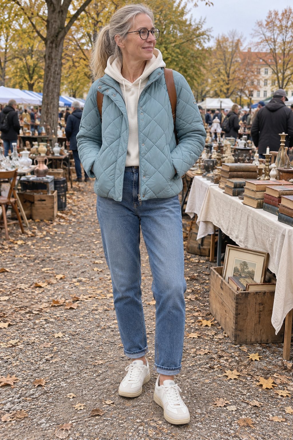 Frau trägt Rauchblaue Steppjacke mit Mom-Jeans – Stöbern auf dem Flohmarkt