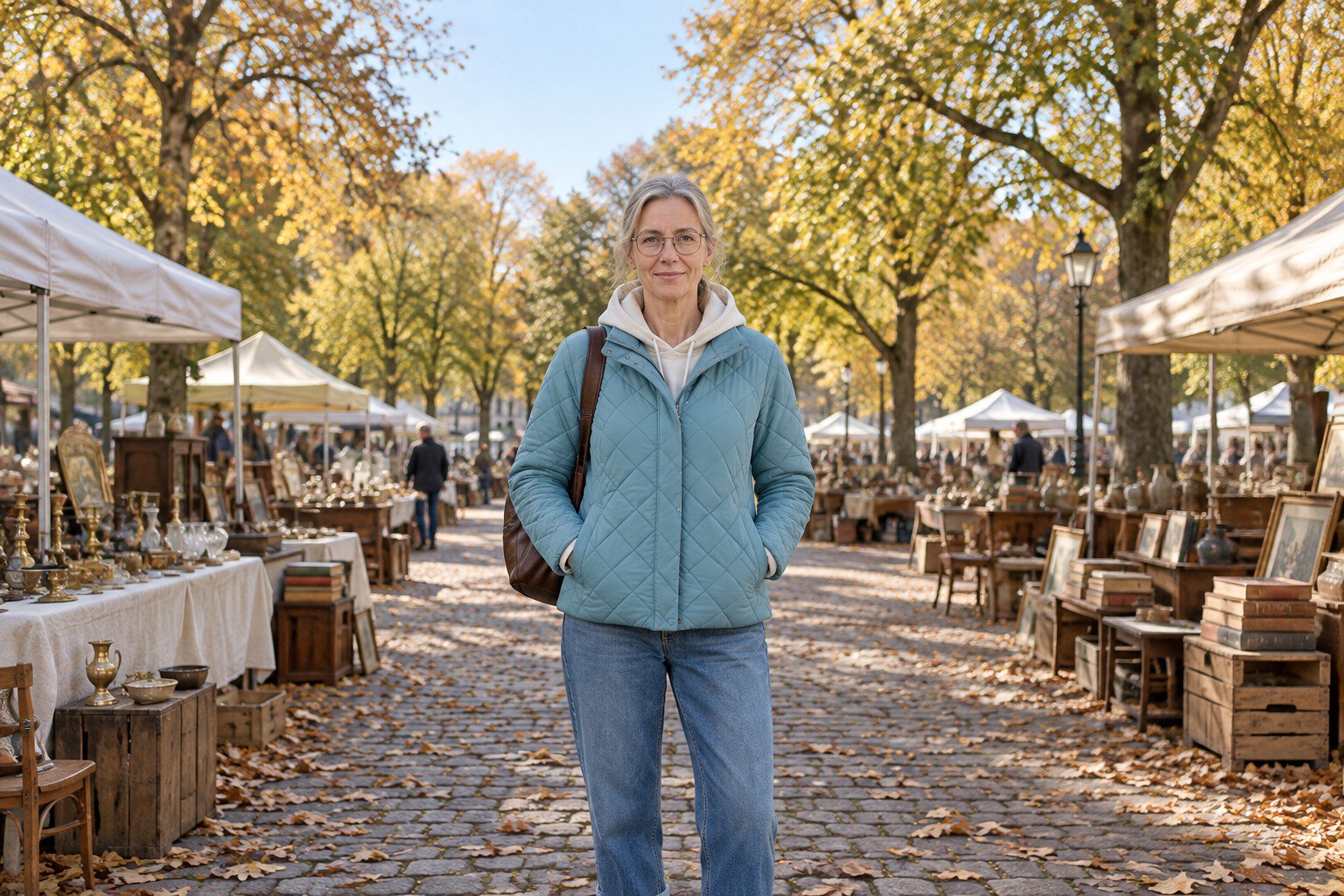 Frau in rauchblauer Steppjacke, cremefarbenem Hoodie und Mom-Jeans auf einem herbstlichen Flohmarkt
