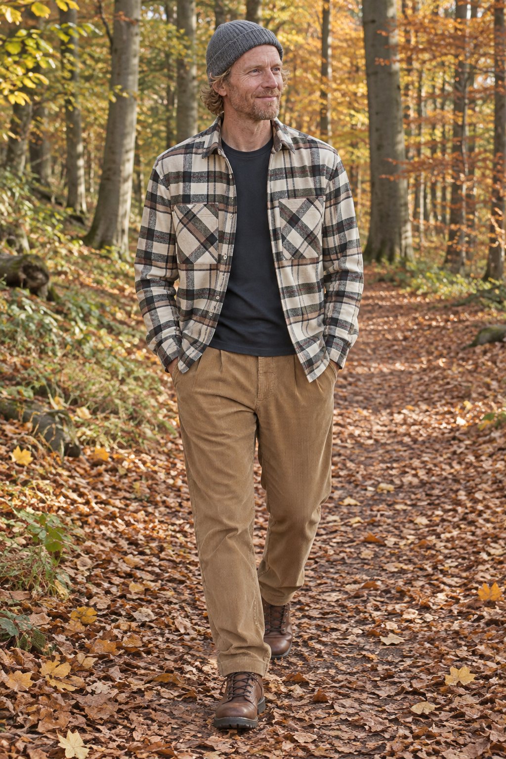 Mann trägt Creme-schwarzes Karo-Overshirt zur Cordhose – Spaziergang am Waldrand