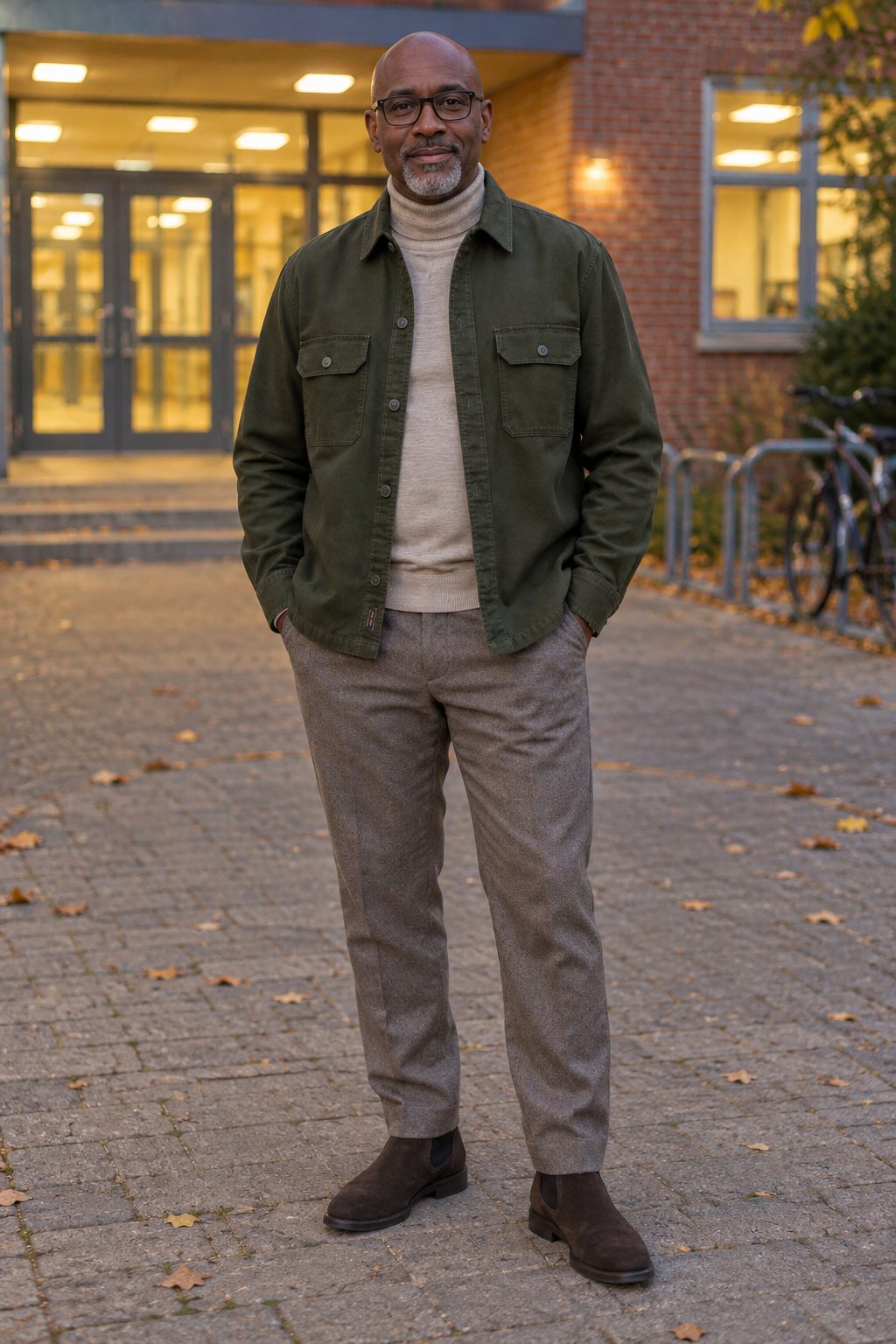 Mann trägt Dunkeloliv Overshirt über cremefarbenem Rollkragen – Abends zum Elternabend