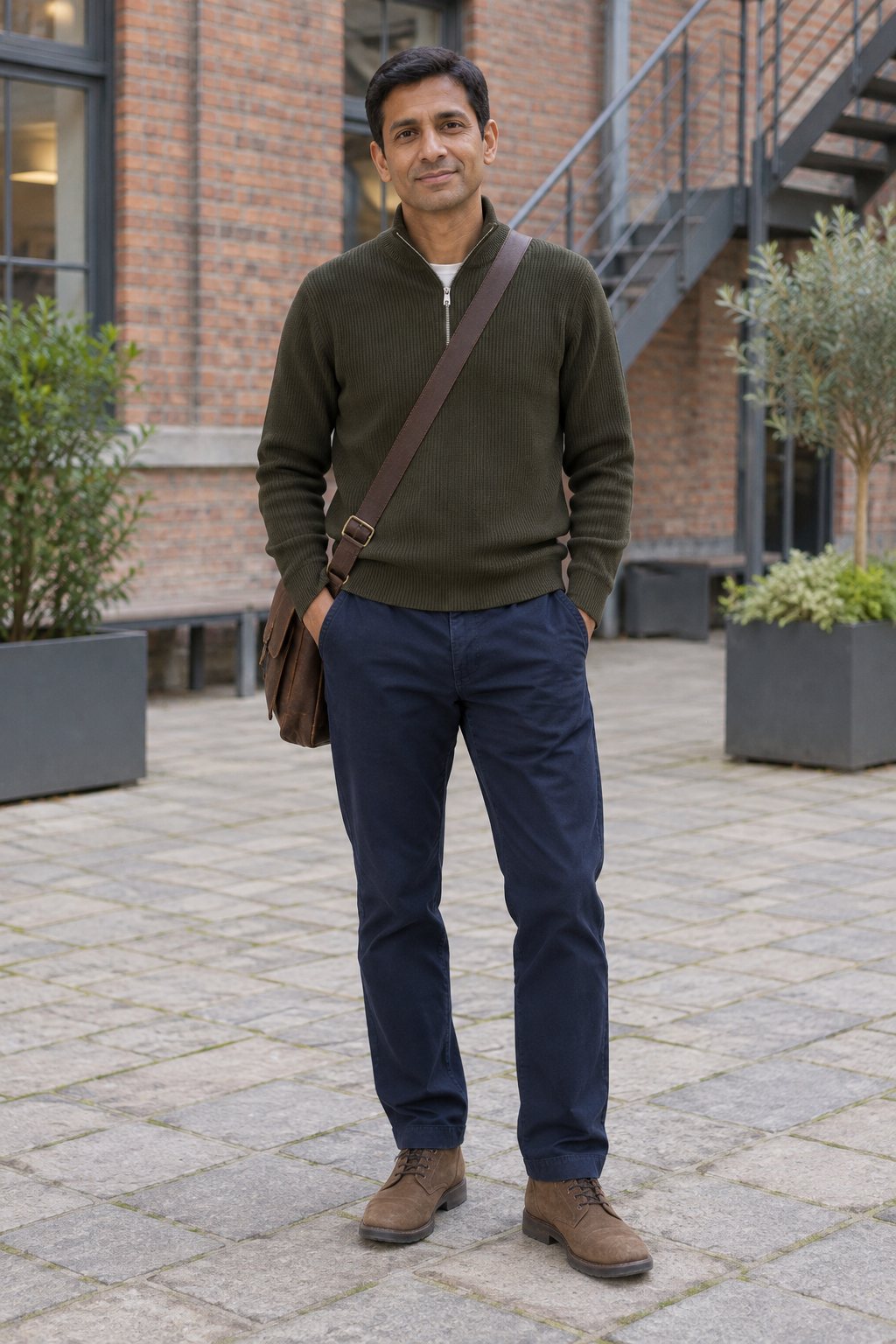 Mann trägt Dunkeloliver Half-Zip-Pullover zur navyfarbenen Chino – Mittagspause im Innenhof