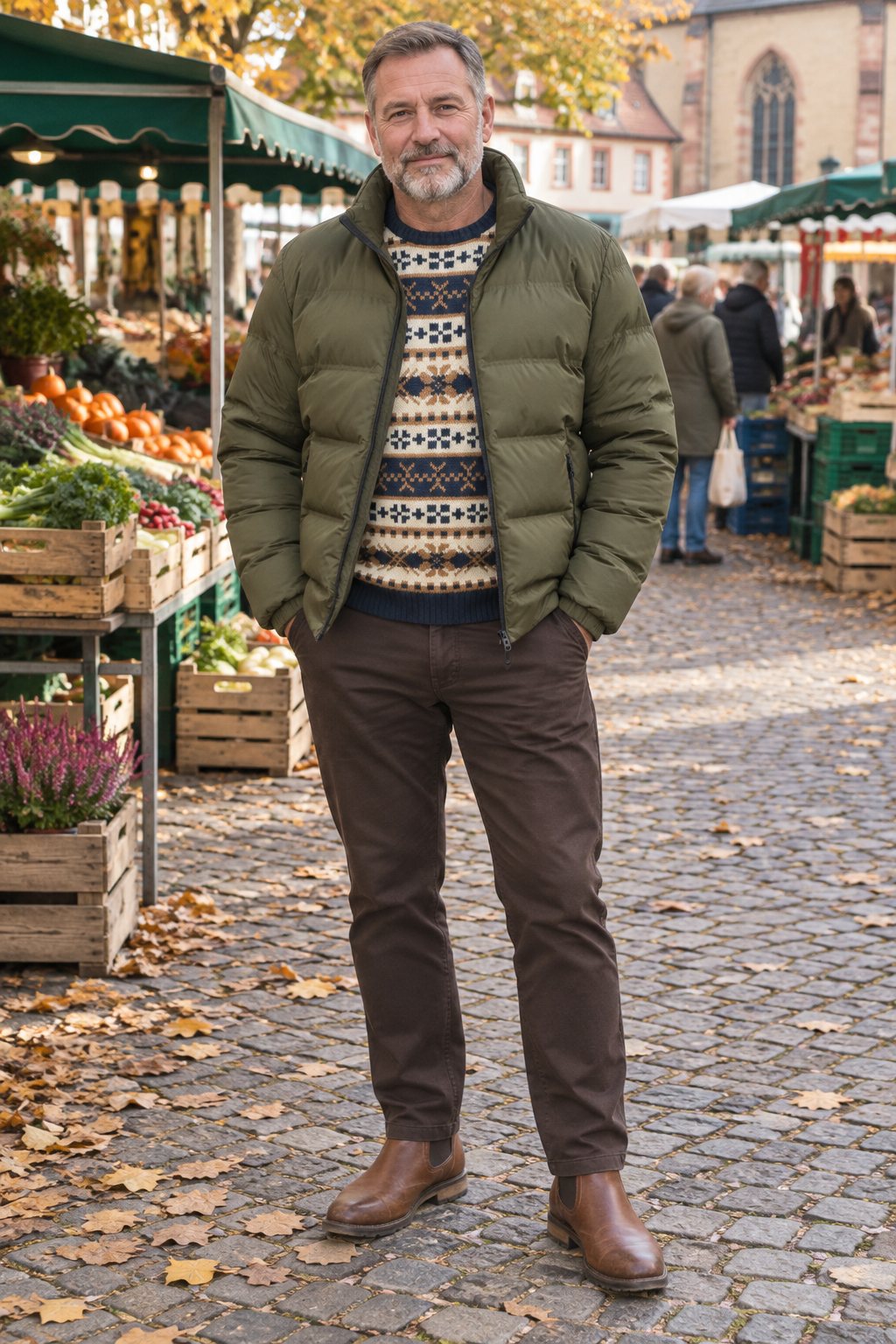 Mann trägt Olivgrüne Steppjacke über gemustertem Norwegerpullover – Samstag auf dem Wochenmarkt