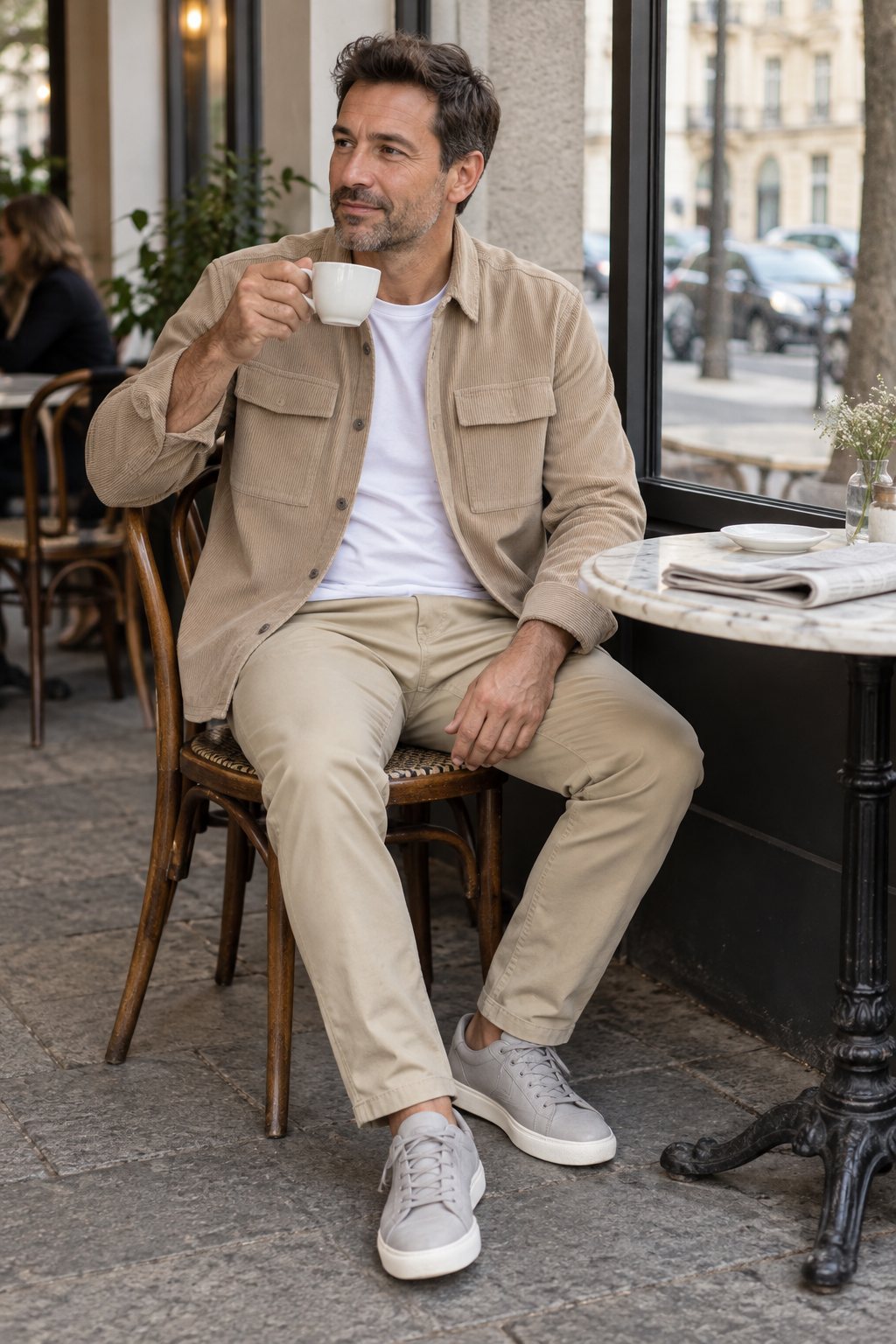 Mann trägt Sandfarbenes Cord-Overshirt über weißem Shirt – Sonntagvormittag im Café