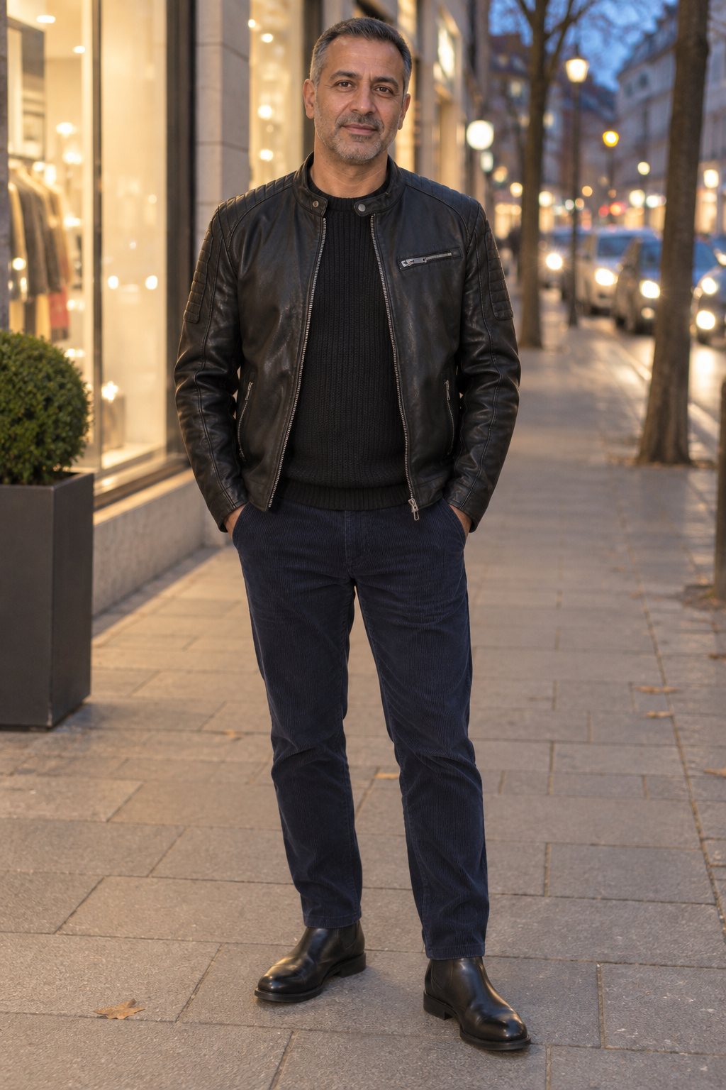 Mann trägt Schwarze Bikerjacke zu schwarzem Rippstrick – Abends in der Stadt