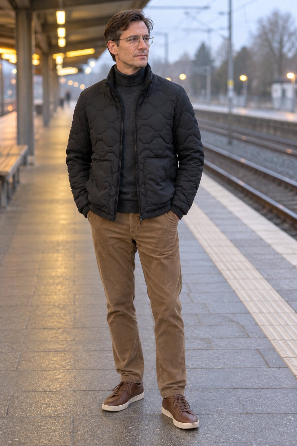 Mann trägt Schwarze Steppjacke zu anthrazitfarbenem Rollkragen – Morgens am Bahnsteig