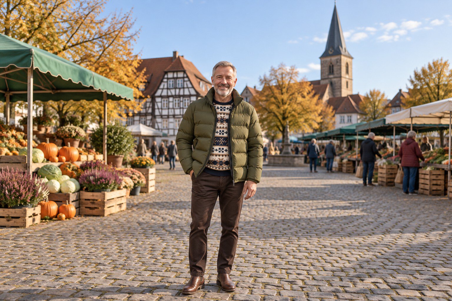 Mann in olivgrüner Steppjacke, Norwegerpullover und brauner Chino auf einem herbstlichen Wochenmarkt