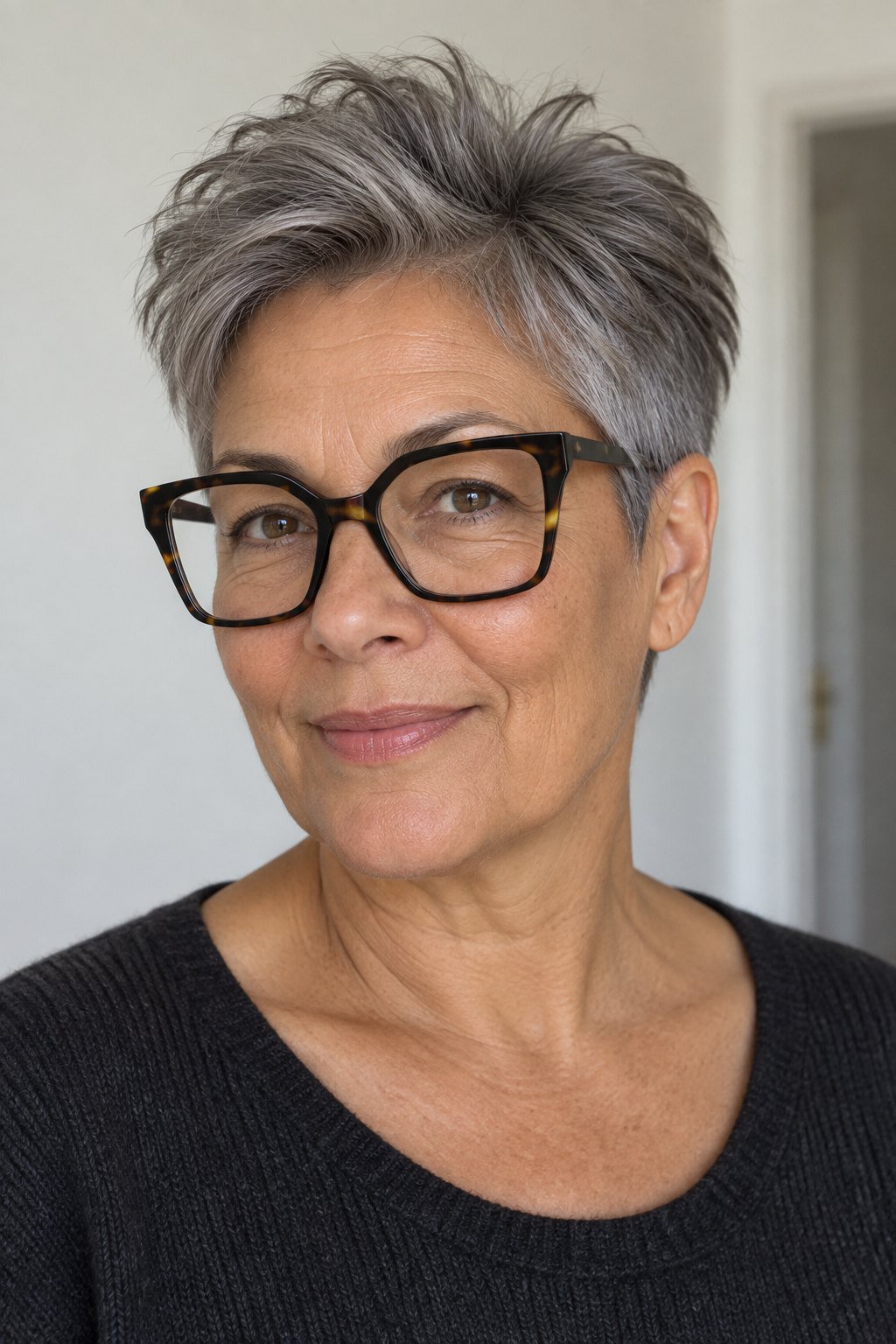 Frau mit Brille: Pixie mit aufgeföhntem Oberkopf