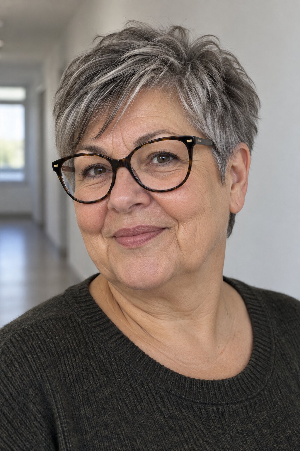 Frau mit Brille: Pixie mit weichem Nacken, an der Luft getrocknet