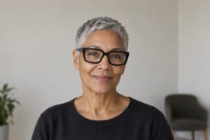 Frau ab 60 mit sehr kurzem silbergrauem Haar und Brille