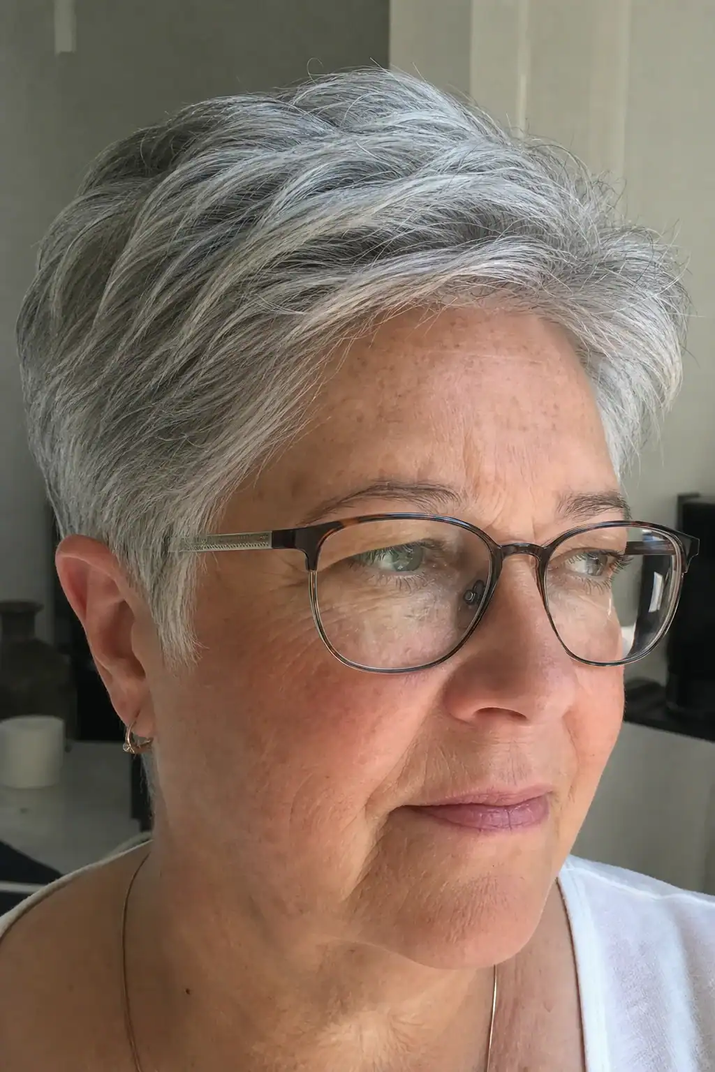 Seniorin Pixie Cut voluminös mit Brille