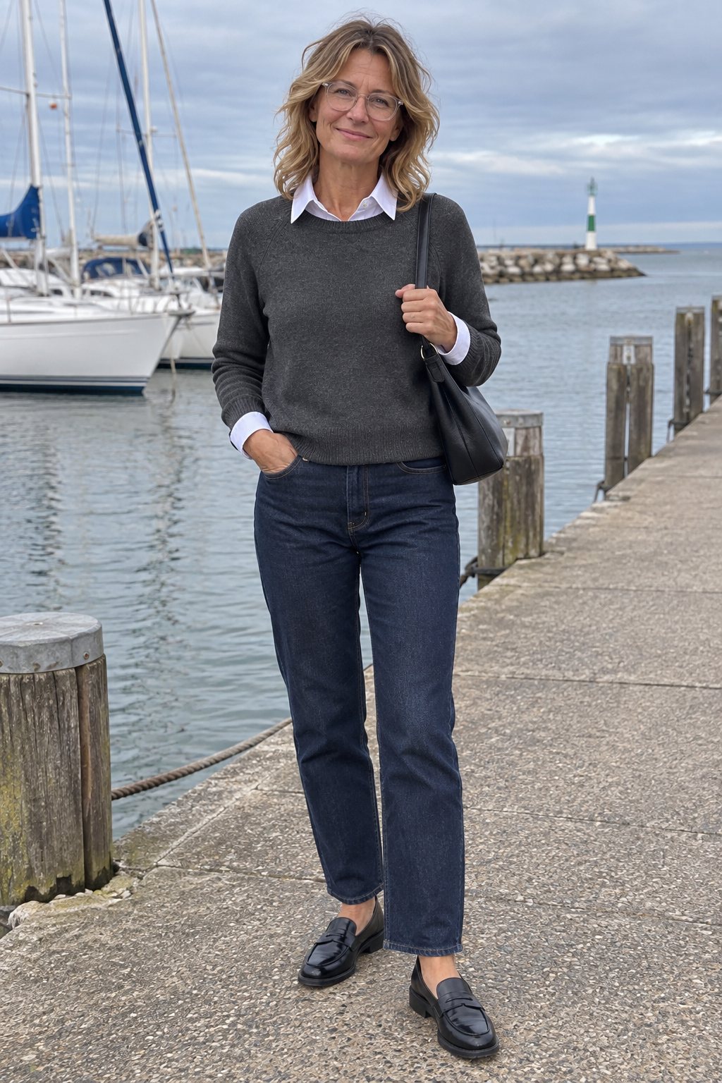Frau trägt Anthrazit-Pullover mit weißem Blusenkragen – Mittags am Hafen