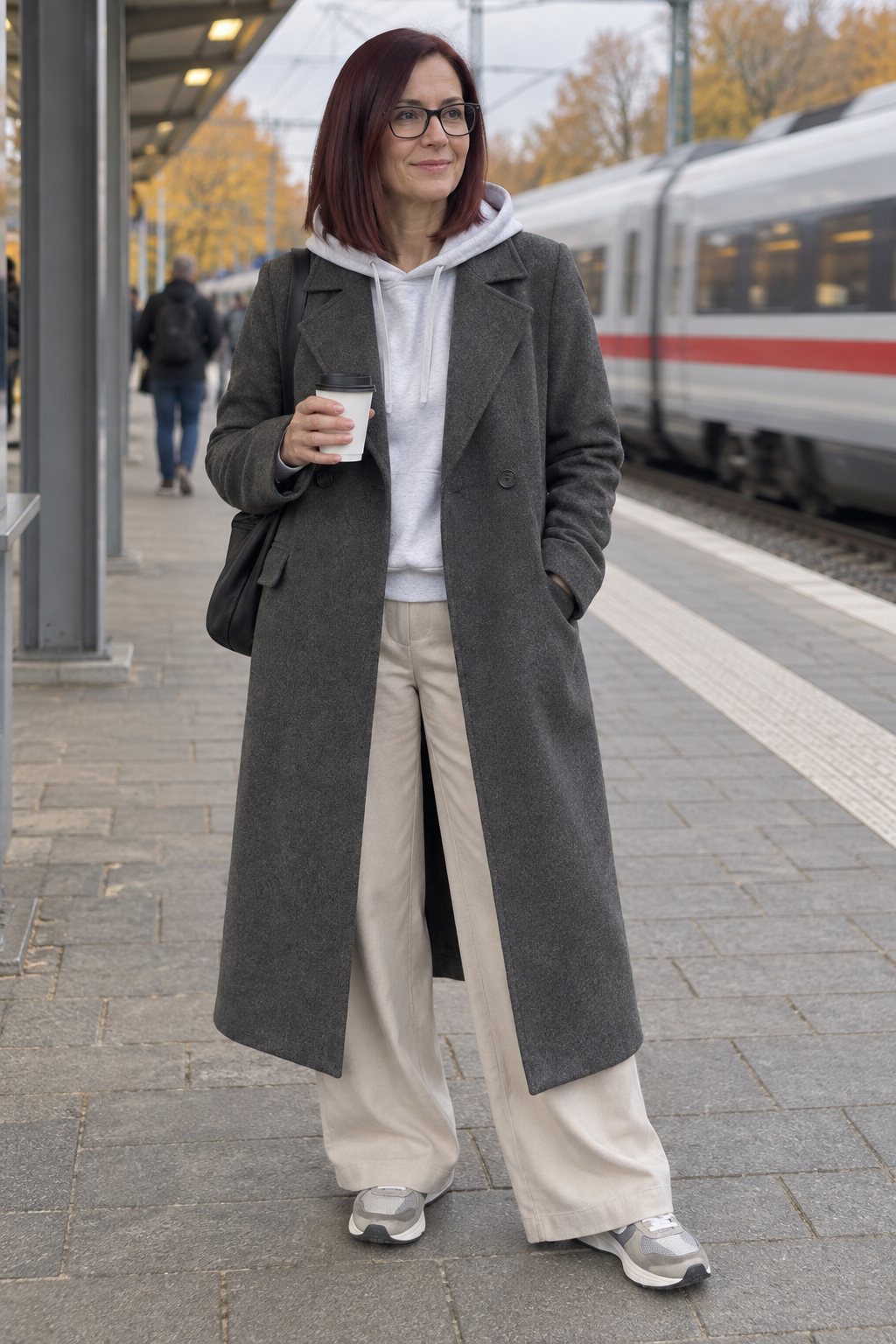 Frau trägt Langer grauer Mantel über dem Hoodie – Morgens am Bahnsteig