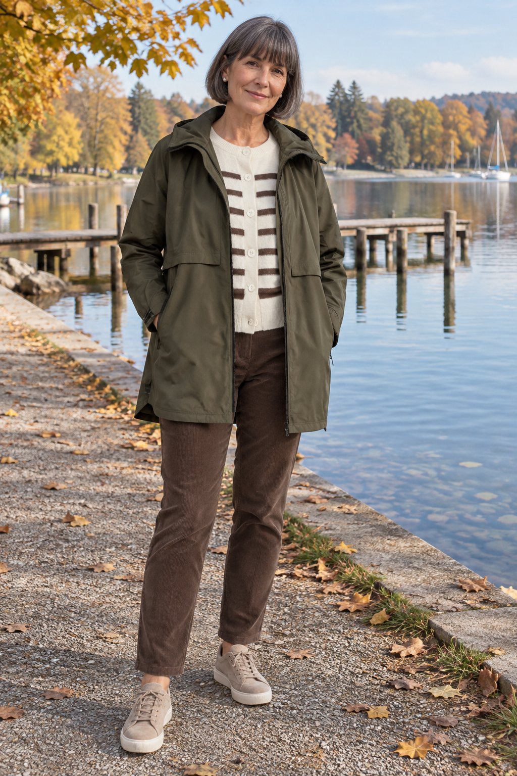 Frau trägt Olivgrüner Kurzmantel mit gestreifter Strickjacke – Sonntagsspaziergang am See