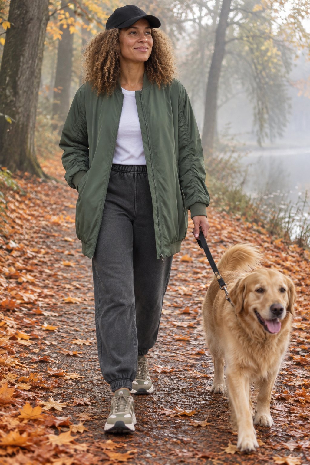 Frau trägt Oversize-Bomberjacke mit Stone-Washed Joggpants – Hunderunde im Park