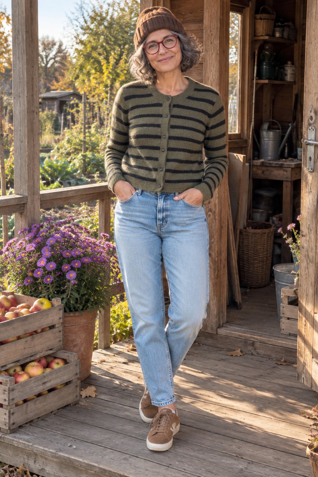 Frau trägt Streifen-Strickjacke in Oliv mit heller Mom Jeans – Nachmittags im Schrebergarten