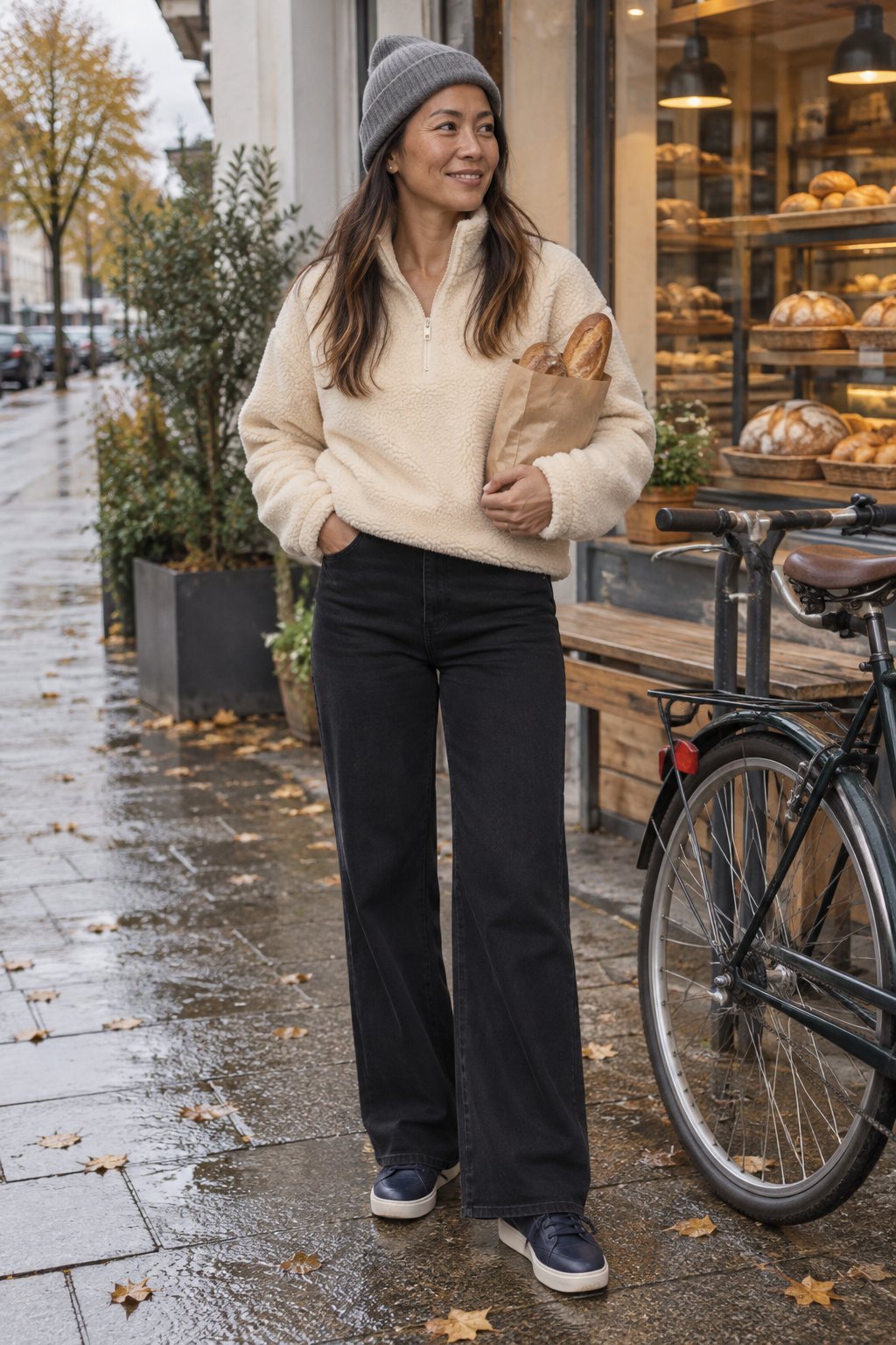 Frau trägt Teddy-Troyer zur schwarzen Wide Leg Jeans – Brötchen holen mit dem Fahrrad