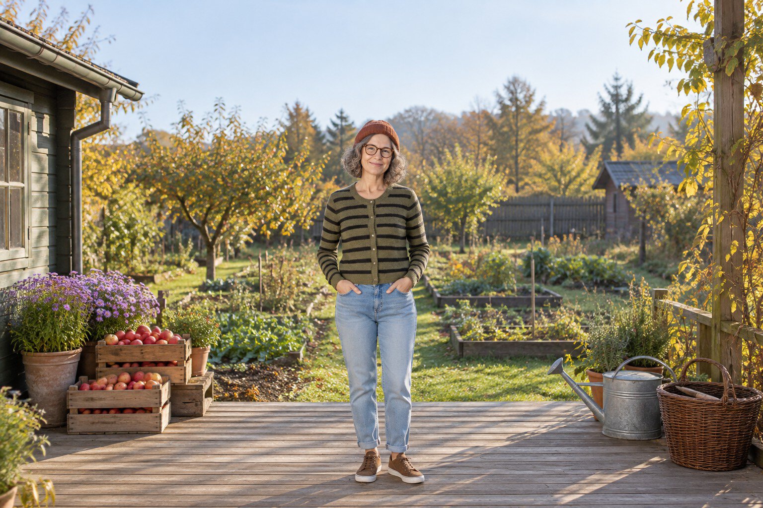 Frau in olivgrün gestreifter Strickjacke und heller Mom Jeans auf der Veranda eines Gartenhauses im Herbst
