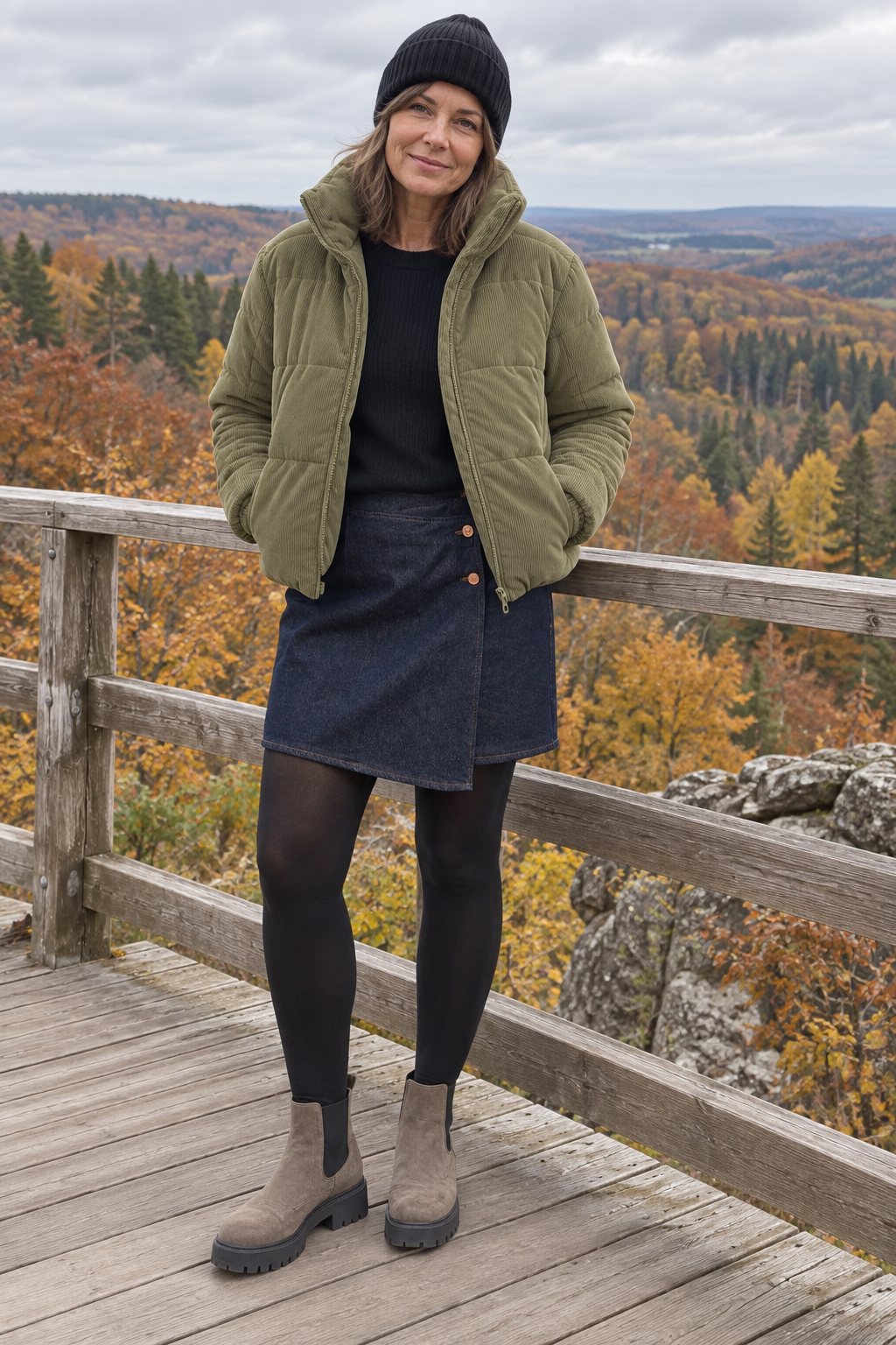 Frau trägt Dunkler Jeansrock unter der olivfarbenen Steppjacke – Wanderung zum Aussichtspunkt