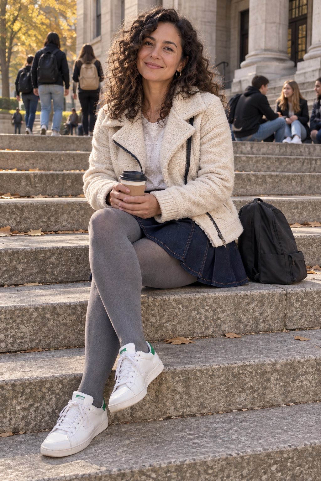 Frau trägt Dunkler Plissee-Jeansrock mit cremefarbener Strickjacke – Kaffeepause auf dem Campus