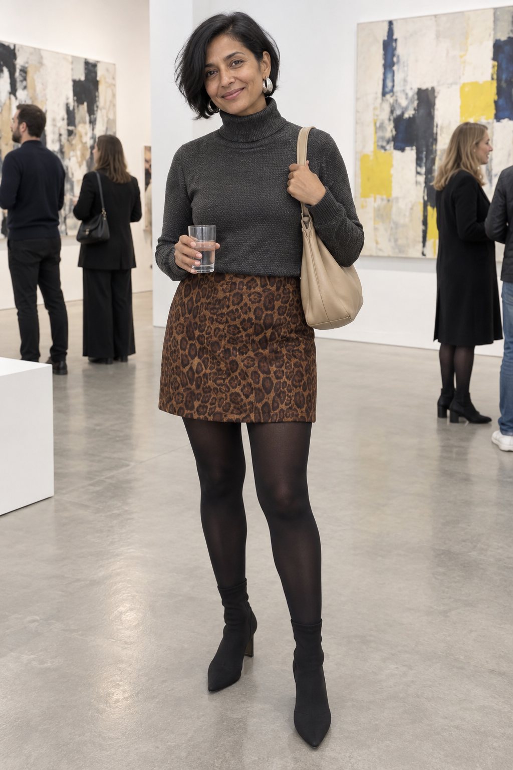 Frau trägt Leo-Minirock in Braun mit anthrazitfarbenem Rollkragen – Ausstellungseröffnung am Freitagabend