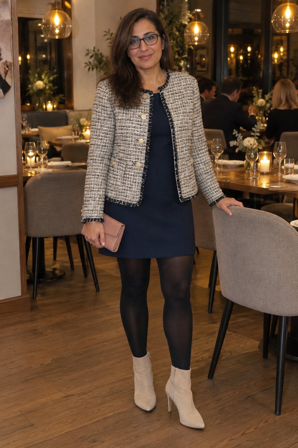 Frau trägt Marineblauer Minirock mit hellem Tweed-Blazer – Geburtstagsessen im Restaurant