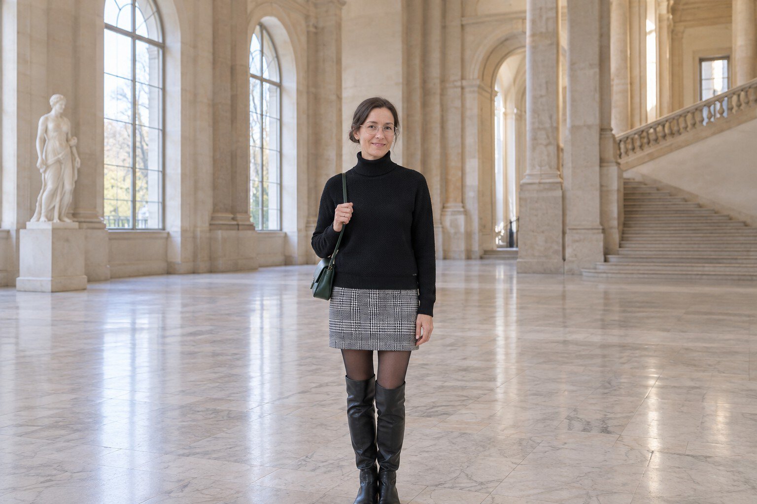 Frau in schwarz-weiß kariertem Minirock, schwarzem Rollkragenpullover und Overknee-Stiefeln in einer hellen Museumshalle