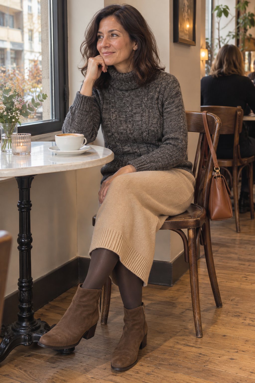 Frau trägt Beiger Strickrock mit anthrazitfarbenem Rollkragen – Nachmittagskaffee im Café