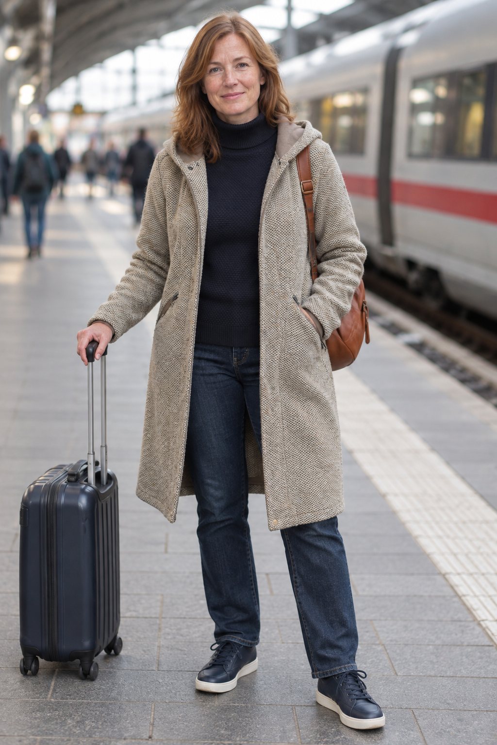 Frau trägt Beiger Wollmantel mit dunkelblauem Rollkragen – Am Bahnsteig