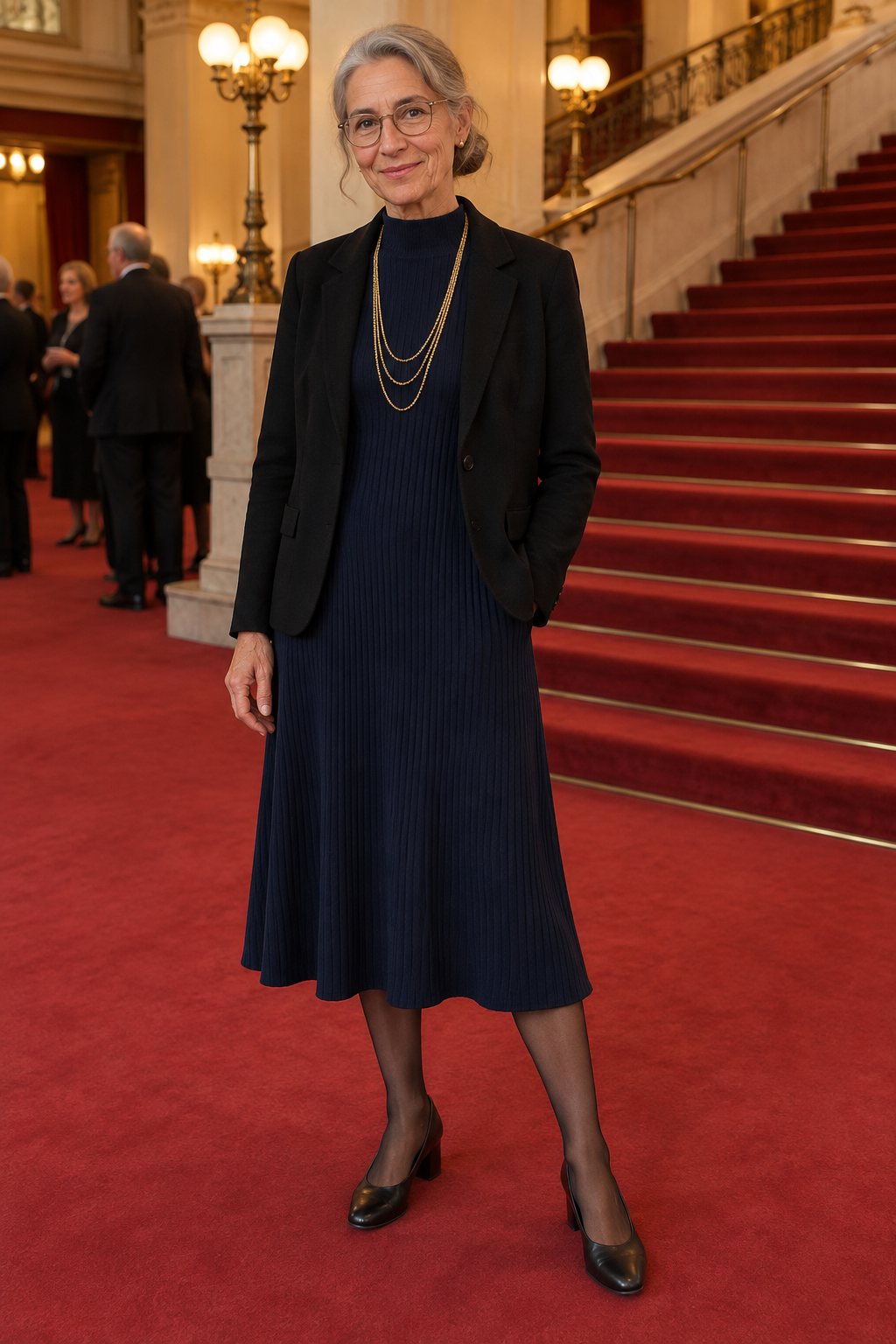 Frau trägt Dunkelblaues Jersey-Kleid mit schwarzem Strickblazer – Theaterabend