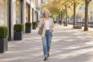 Frau ab 50 in beigem Longblazer, weißem Shirt und gerader Jeans auf einer Einkaufsstraße im Herbst