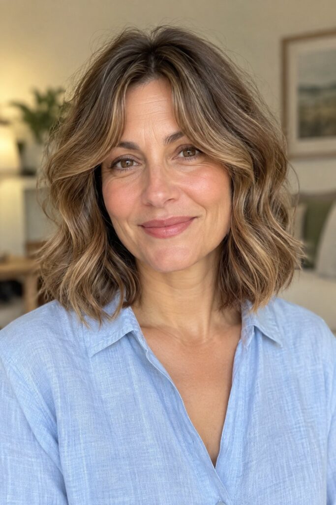 KI-Beispielbild: Frau mit welligem, dunkelblondem Long Bob und Curtain Bangs