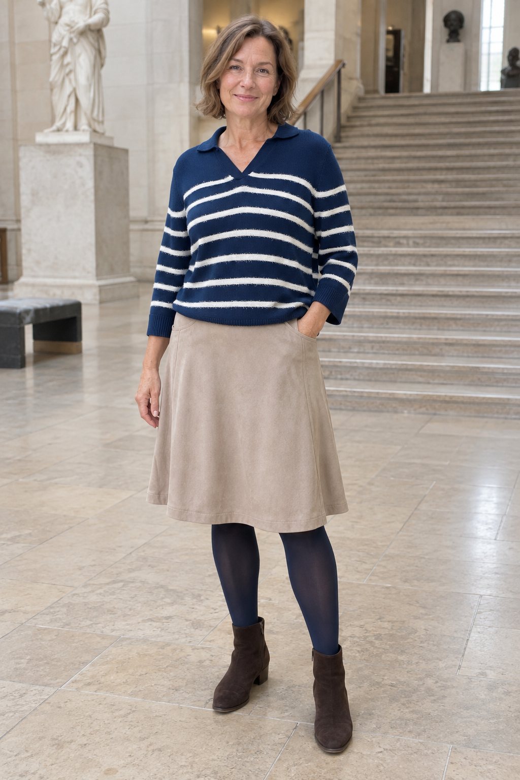Frau trägt Beiger A-Linien-Rock mit dunkelblauem Streifenpullover – Museumsbesuch