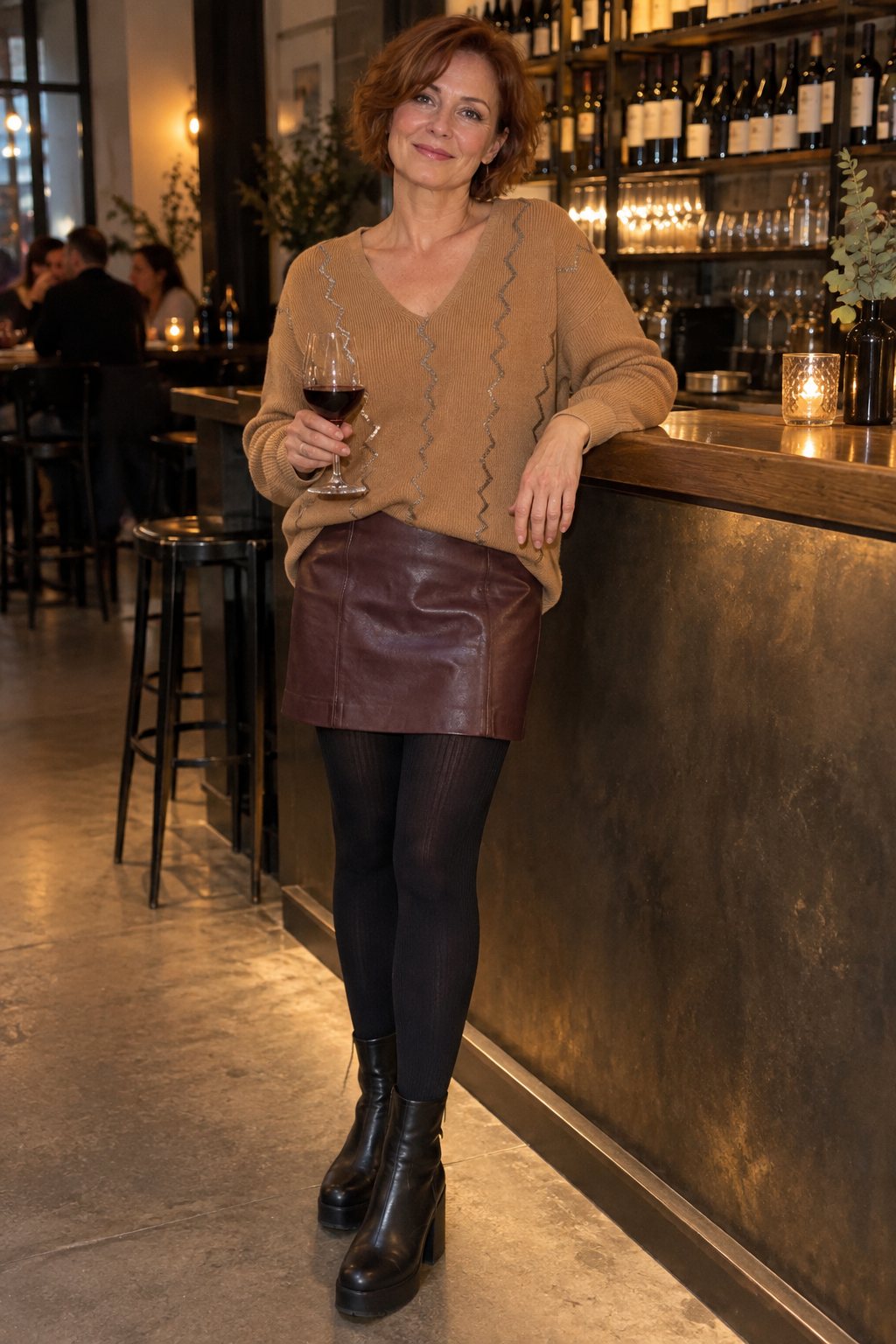 Frau trägt Bordeauxroter Lederrock mit caramelfarbenem Oversize-Pullover – Verabredung in der Weinbar