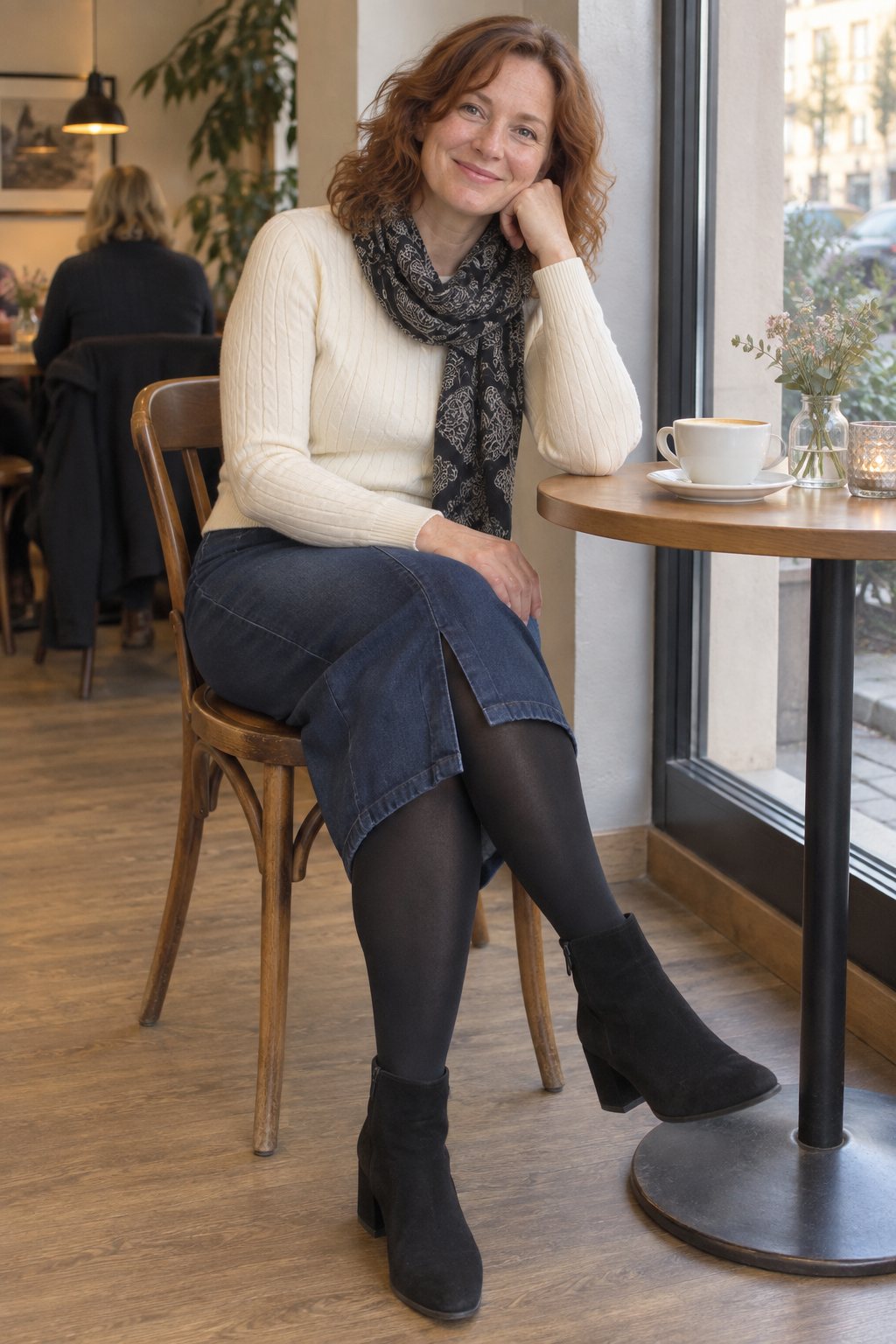 Frau trägt Marineblauer Jeansrock mit cremefarbenem Rippstrick – Nachmittag im Café