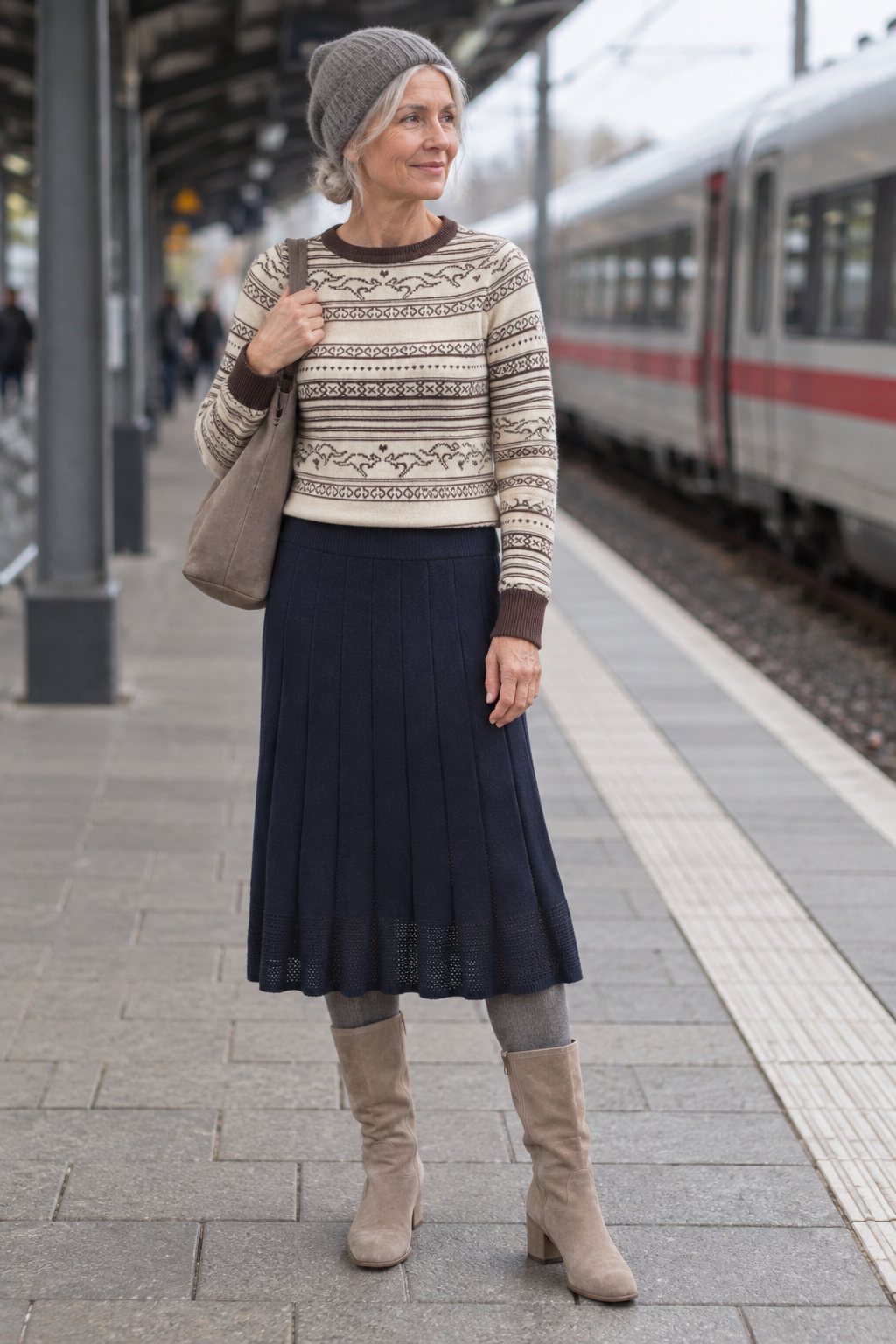 Frau trägt Marineblauer Strickrock mit Norwegerpullover – Ausflug mit dem Zug