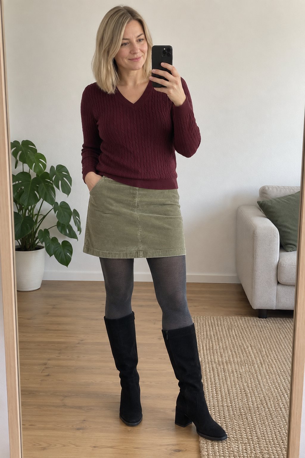 Frau trägt Olivgrüner A-Linien-Rock mit bordeauxrotem V-Pullover – Verabredung am späten Nachmittag