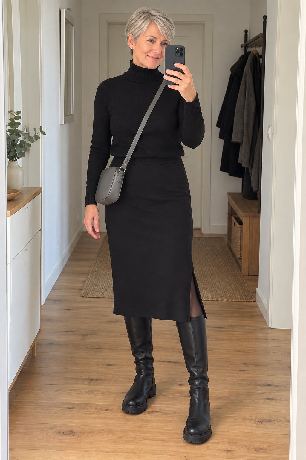 Frau trägt Schwarzer Midirock mit Schlitz und Rollkragen – Termin am Vormittag