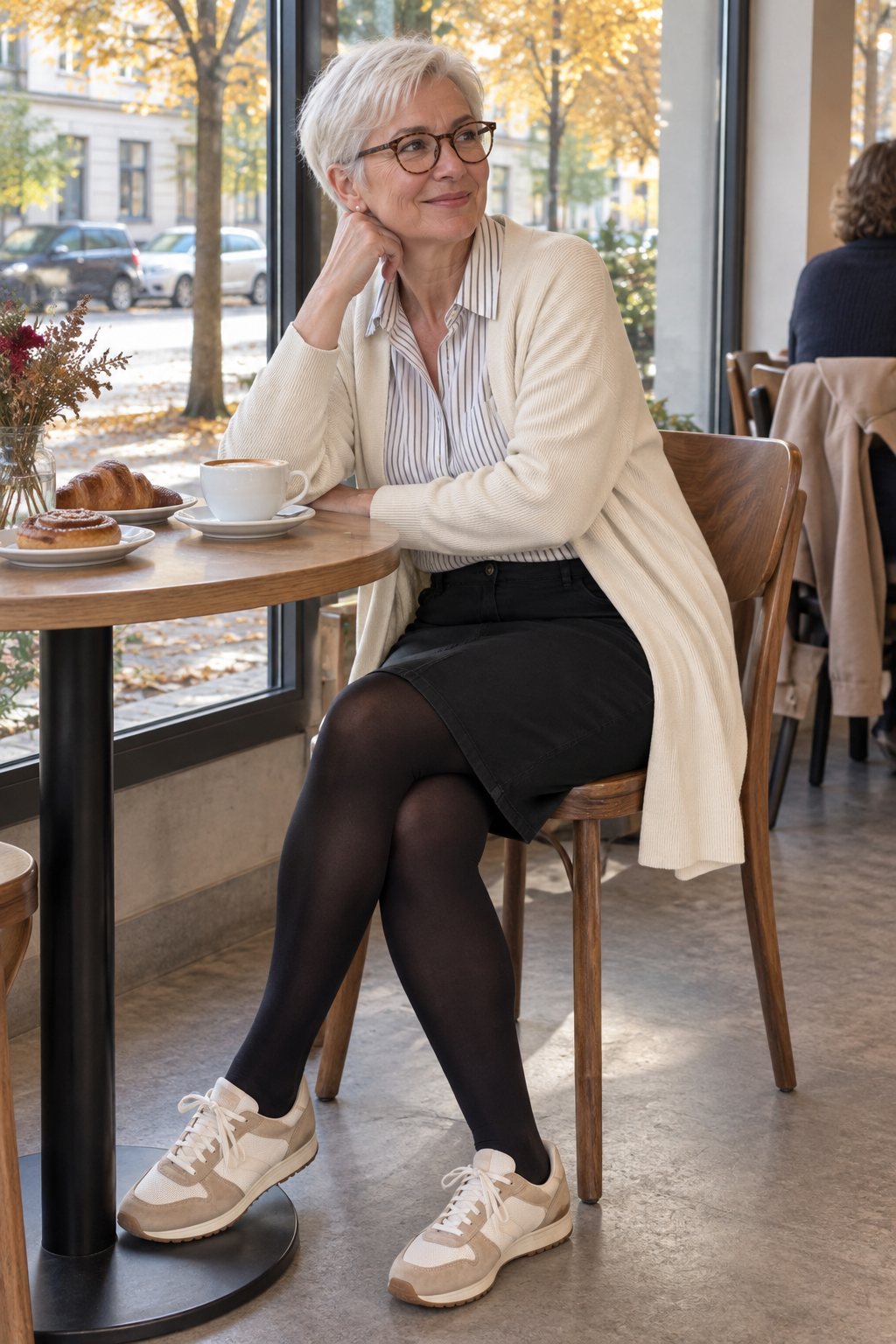 Frau trägt Schwarzer Bleistiftrock mit cremefarbenem Cardigan – Brunch mit Freundinnen