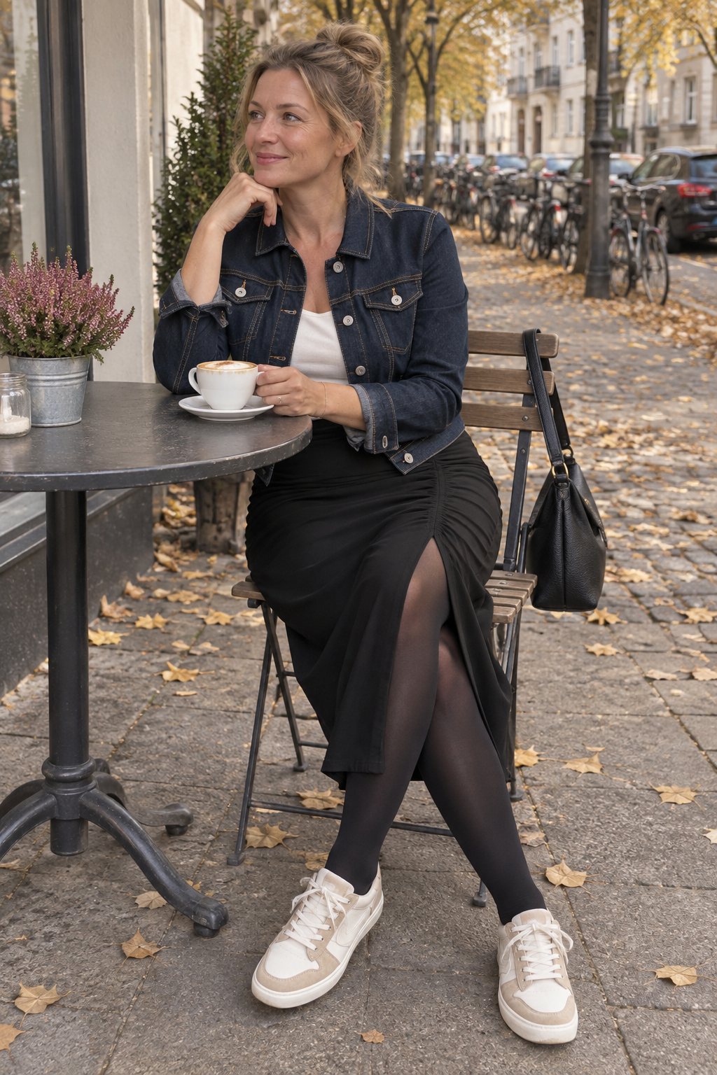 Frau trägt Schwarzer Jerseyrock mit dunkelblauer Jeansjacke – Samstagvormittag im Café