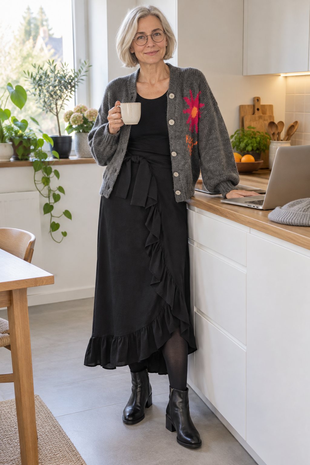 Frau trägt Schwarzer Wickelrock mit anthrazitfarbenem Cardigan – Homeoffice-Tag