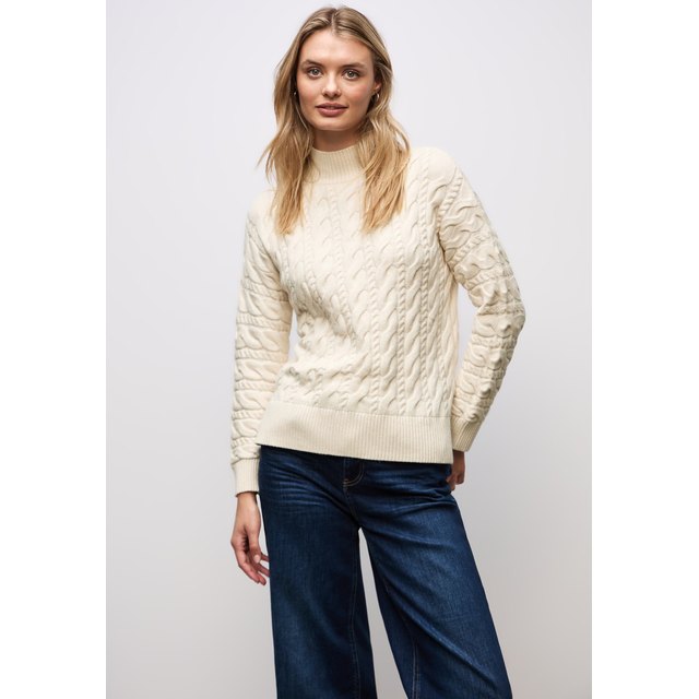 STREET ONE Zopfstrick-Rollkragenpullover, creme